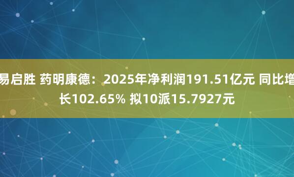 易启胜 药明康德：2025年净利润191.51亿元 同比增长102.65% 拟10派15.7927元